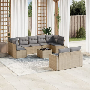 vidaXL 10-delige Loungeset met kussens poly rattan beige