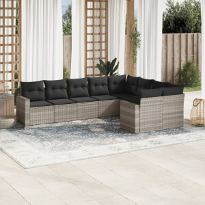 vidaXL 9-delige Loungeset met kussens poly rattan lichtgrijs