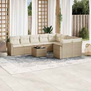 vidaXL 10-delige Loungeset met kussens poly rattan beige