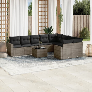 vidaXL 10-delige Loungeset met kussens poly rattan grijs