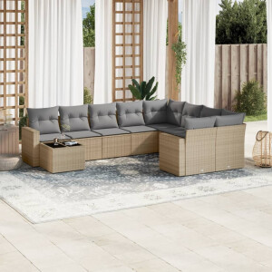 vidaXL 10-delige Loungeset met kussens poly rattan beige