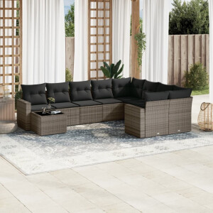 vidaXL 10-delige Loungeset met kussens poly rattan grijs