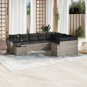 vidaXL 10-delige Loungeset met kussens poly rattan lichtgrijs