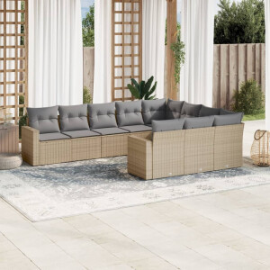 vidaXL 10-delige Loungeset met kussens poly rattan beige