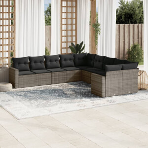 vidaXL 10-delige Loungeset met kussens poly rattan grijs