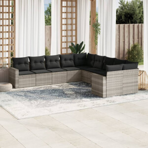 vidaXL 10-delige Loungeset met kussens poly rattan lichtgrijs