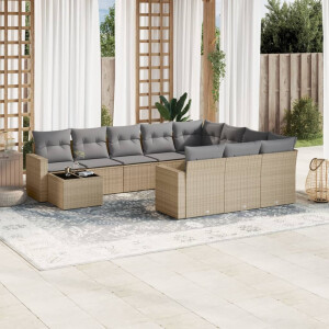 vidaXL 11-delige Tuinset met kussens poly rattan beige