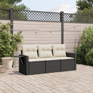 vidaXL 3-delige Loungeset met kussens poly rattan zwart