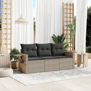 vidaXL 3-delige Loungeset met kussens poly rattan lichtgrijs