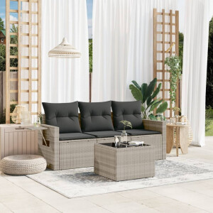 vidaXL 4-delige Loungeset met kussens poly rattan lichtgrijs