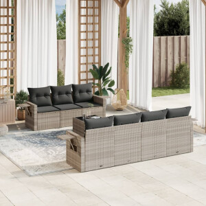 vidaXL 8-delige Loungeset met kussens poly rattan lichtgrijs
