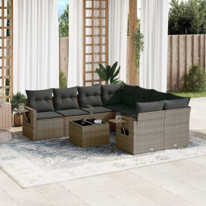 vidaXL 9-delige Loungeset met kussens poly rattan grijs