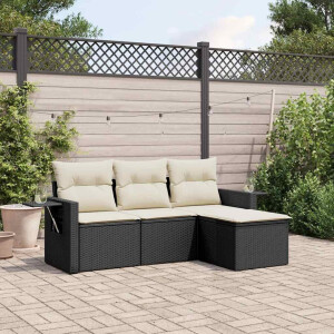 vidaXL 4-delige Loungeset met kussens poly rattan zwart