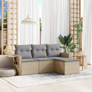 vidaXL 4-delige Loungeset met kussens poly rattan beige