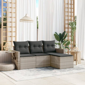 vidaXL 4-delige Loungeset met kussens poly rattan lichtgrijs