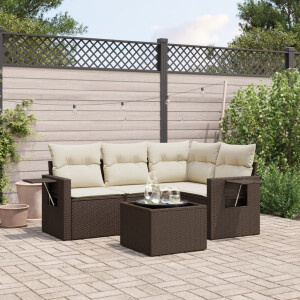 vidaXL 5-delige Loungeset met kussens poly rattan bruin