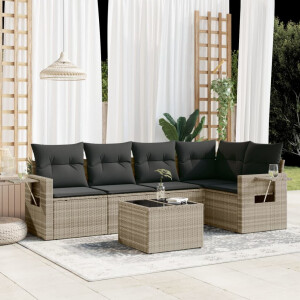 vidaXL 6-delige Loungeset met kussens poly rattan lichtgrijs