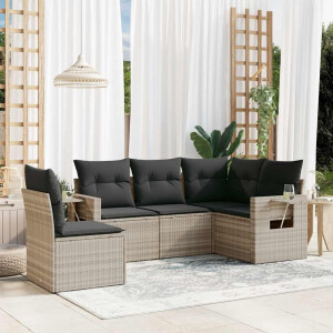 vidaXL 5-delige Loungeset met kussens poly rattan lichtgrijs