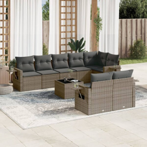 vidaXL 9-delige Loungeset met kussens poly rattan grijs