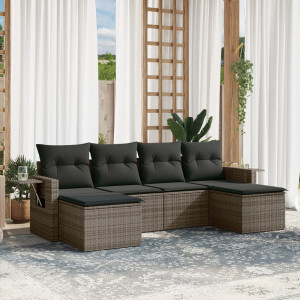 vidaXL 6-delige Loungeset met kussens poly rattan grijs