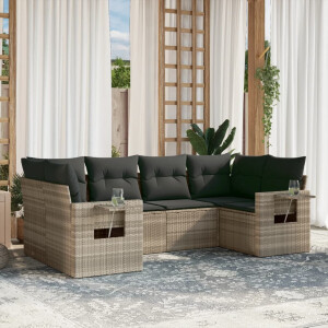 vidaXL 6-delige Loungeset met kussens poly rattan lichtgrijs