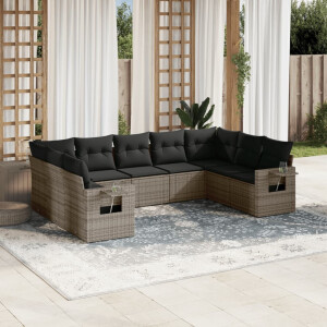 vidaXL 9-delige Loungeset met kussens poly rattan grijs
