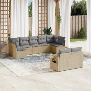 vidaXL 9-delige Loungeset met kussens poly rattan beige