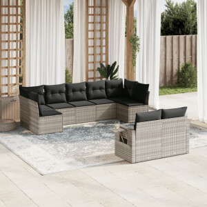 vidaXL 9-delige Loungeset met kussens poly rattan lichtgrijs
