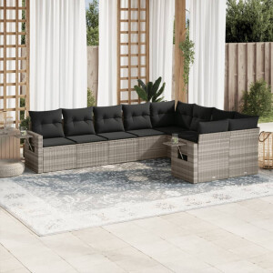 vidaXL 9-delige Loungeset met kussens poly rattan lichtgrijs