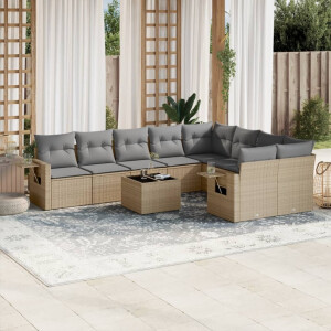 vidaXL 10-delige Loungeset met kussens poly rattan beige