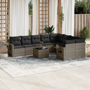 vidaXL 10-delige Loungeset met kussens poly rattan grijs