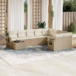 vidaXL 10-delige Loungeset met kussens poly rattan beige