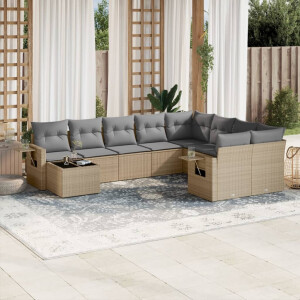 vidaXL 10-delige Loungeset met kussens poly rattan beige