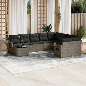 vidaXL 10-delige Loungeset met kussens poly rattan grijs