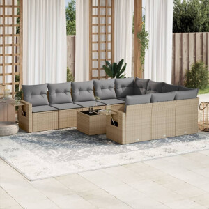 vidaXL 11-delige Tuinset met kussens poly rattan beige