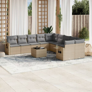 vidaXL 11-delige Tuinset met kussens poly rattan beige
