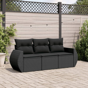 vidaXL 3-delige Loungeset met kussens poly rattan zwart