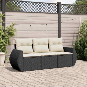 vidaXL 3-delige Loungeset met kussens poly rattan zwart