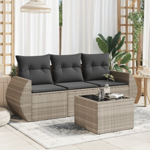 vidaXL 4-delige Loungeset met kussens poly rattan lichtgrijs
