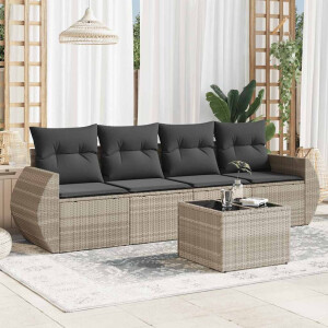 vidaXL 5-delige Loungeset met kussens poly rattan lichtgrijs