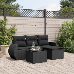vidaXL 5-delige Loungeset met kussens poly rattan zwart