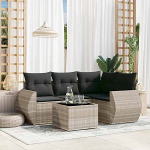 vidaXL 5-delige Loungeset met kussens poly rattan lichtgrijs