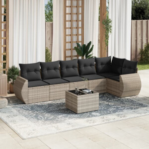 vidaXL 7-delige Loungeset met kussens poly rattan lichtgrijs