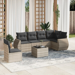 vidaXL 7-delige Loungeset met kussens poly rattan lichtgrijs