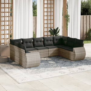 vidaXL 9-delige Loungeset met kussens poly rattan grijs