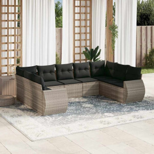 vidaXL 9-delige Loungeset met kussens poly rattan lichtgrijs