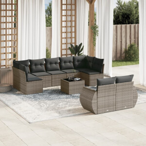 vidaXL 10-delige Loungeset met kussens poly rattan grijs