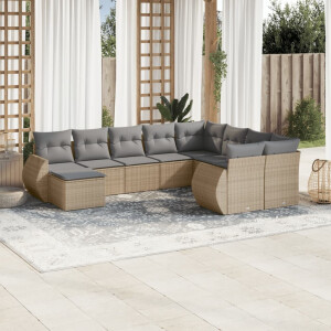 vidaXL 10-delige Loungeset met kussens poly rattan beige