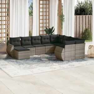 vidaXL 10-delige Loungeset met kussens poly rattan grijs