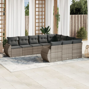 vidaXL 10-delige Loungeset met kussens poly rattan grijs